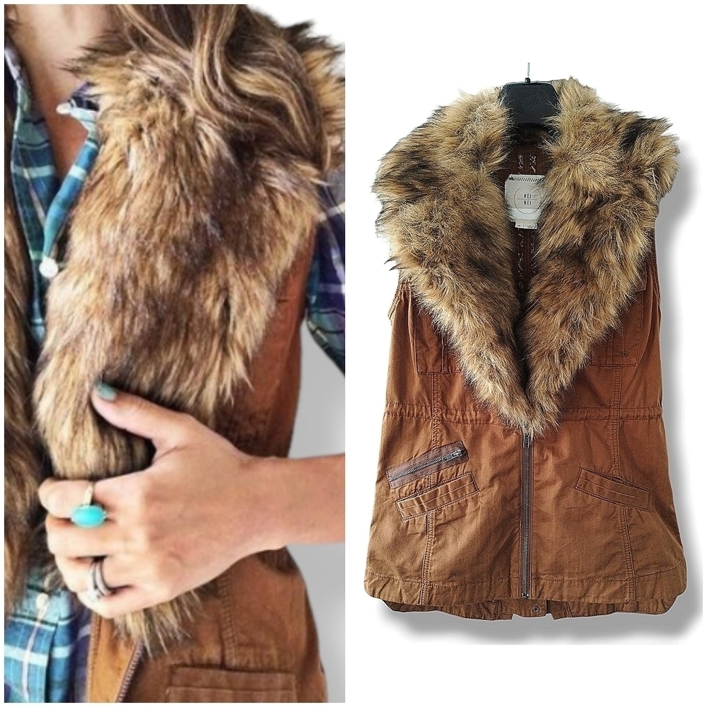 Anthro Hei Hei Faux Fur Lined Utility Vest XS Brown Cinch Waist - Picture 5 of 5